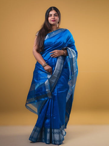 Mangalagiri fancy saree peacock blue color allover plain & zari kanchi border with stripes pallu and self blouse