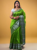 Mangalagiri fancy saree leaf green color allover plain & zari kanchi border with stripes pallu and self blouse