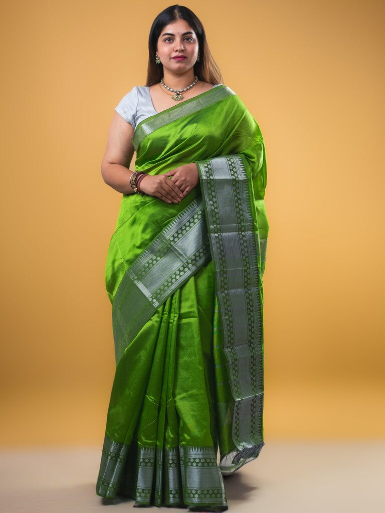 Mangalagiri fancy saree leaf green color allover plain & zari kanchi border with stripes pallu and self blouse