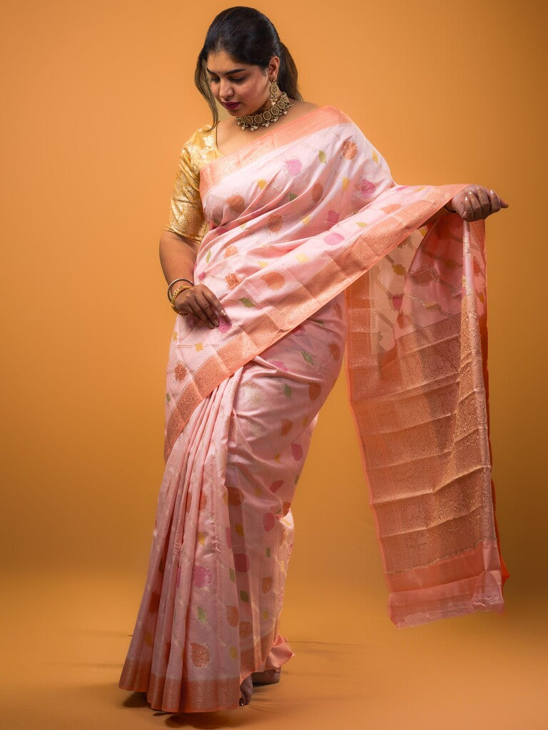 Raw mango pattu saree light peach color allover zari weaves & zari border with rich pallu and attached plain blouse
