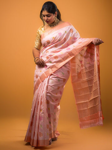 Raw mango pattu saree light peach color allover zari weaves & zari border with rich pallu and attached plain blouse