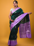 Chiniya pattu saree dark green color allover zari weaves & zari border with brocade pallu and attached contrast blouse
