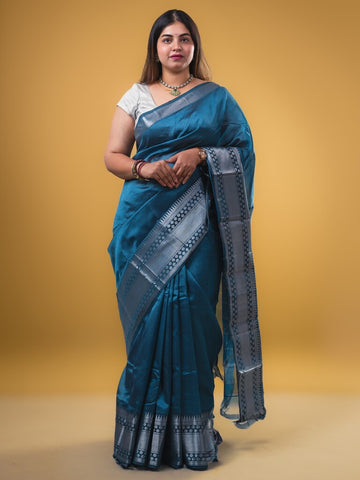 Mangalagiri fancy saree grey color allover plain & zari kanchi border with stripes pallu and self blouse
