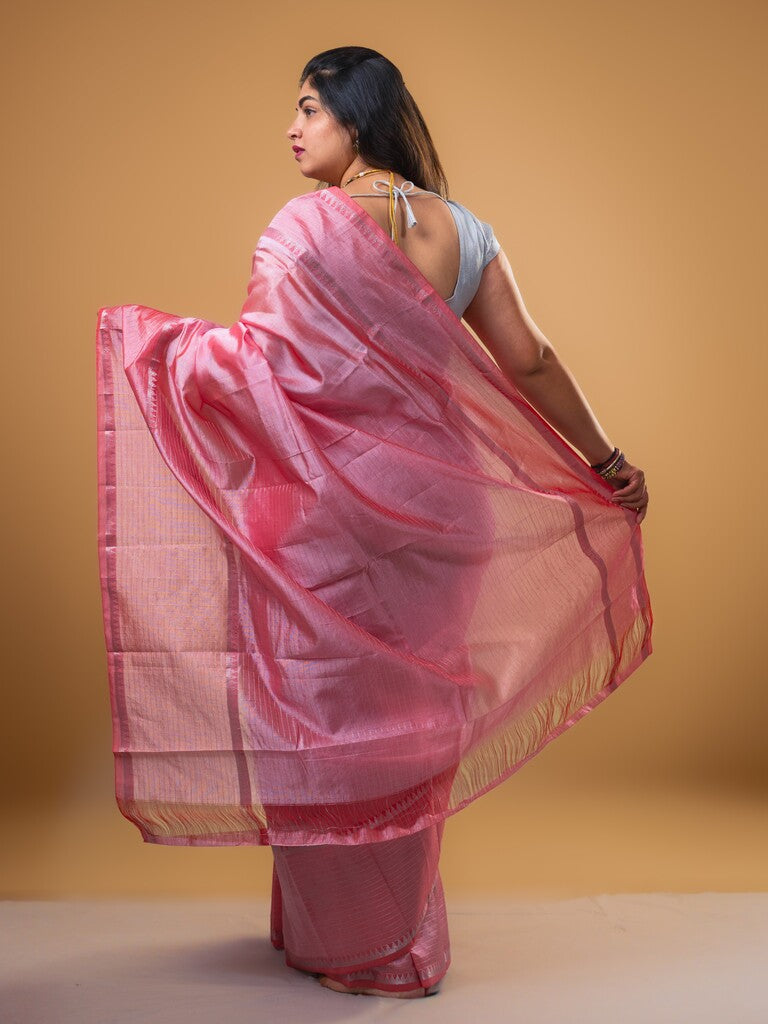 Mangalagiri fancy saree peach color allover plain & zari kaddi border with checks pallu and self blouse