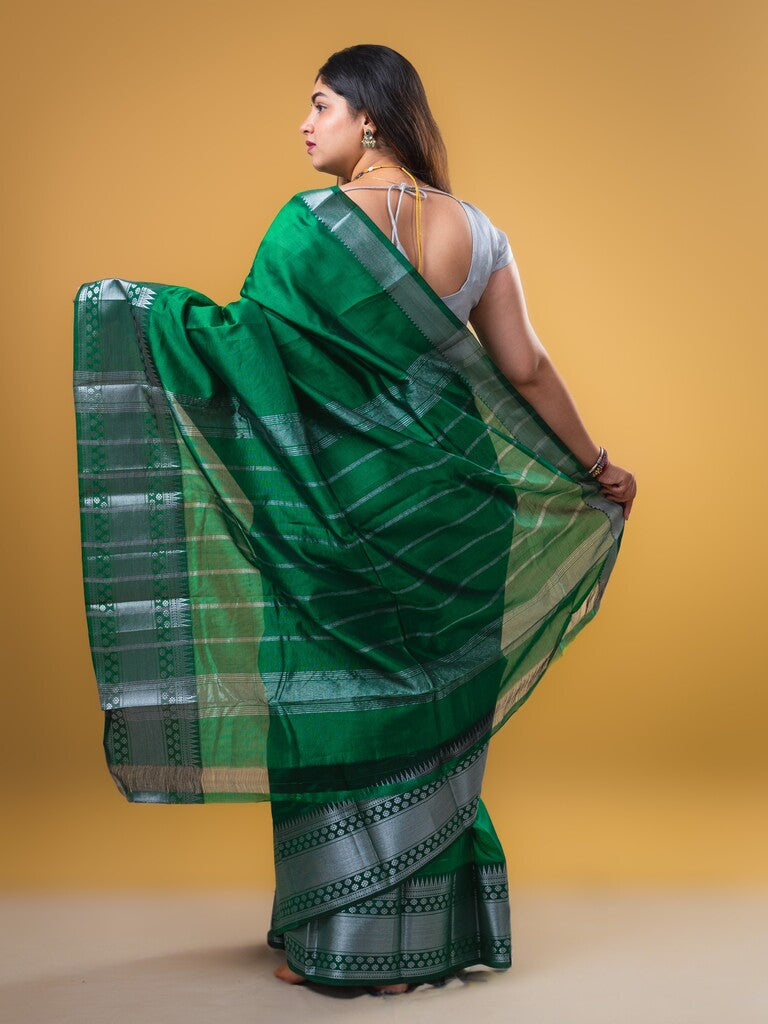 Mangalagiri fancy saree bottle green color allover plain & zari kanchi border with stripes pallu and self blouse