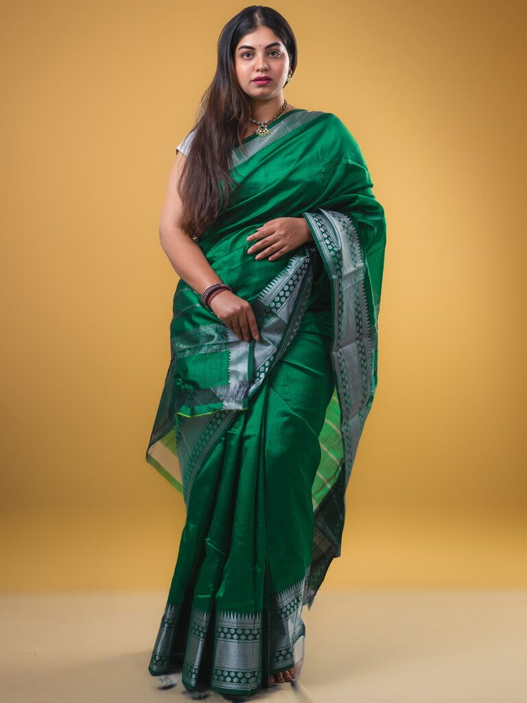 Mangalagiri fancy saree bottle green color allover plain & zari kanchi border with stripes pallu and self blouse