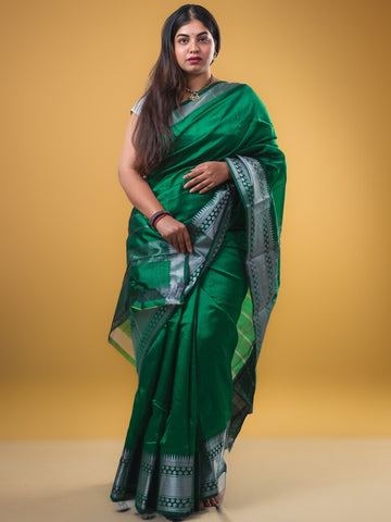 Mangalagiri fancy saree bottle green color allover plain & zari kanchi border with stripes pallu and self blouse