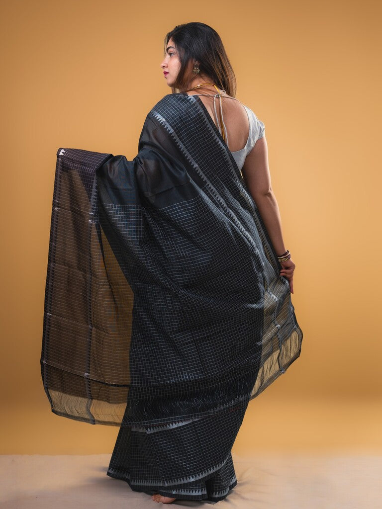 Mangalagiri fancy saree black color allover plain & zari kaddi border with checks pallu and self blouse