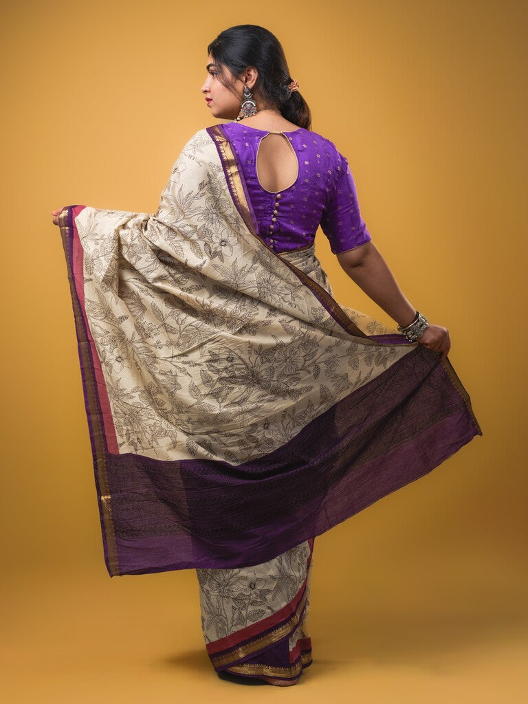 Maheswari fancy saree white color allover prints & zari border with short pallu and plain contrast blouse