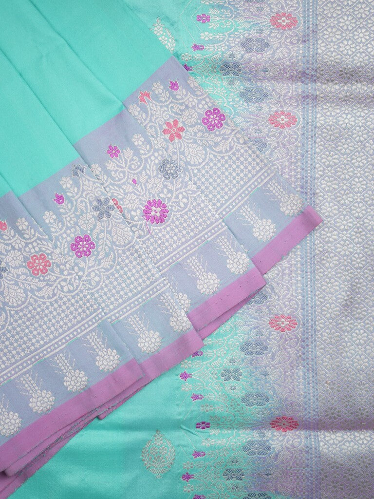Banaras pattu saree sky blue color allover zari motifs & zari border with rich pallu and contrast plain blouse