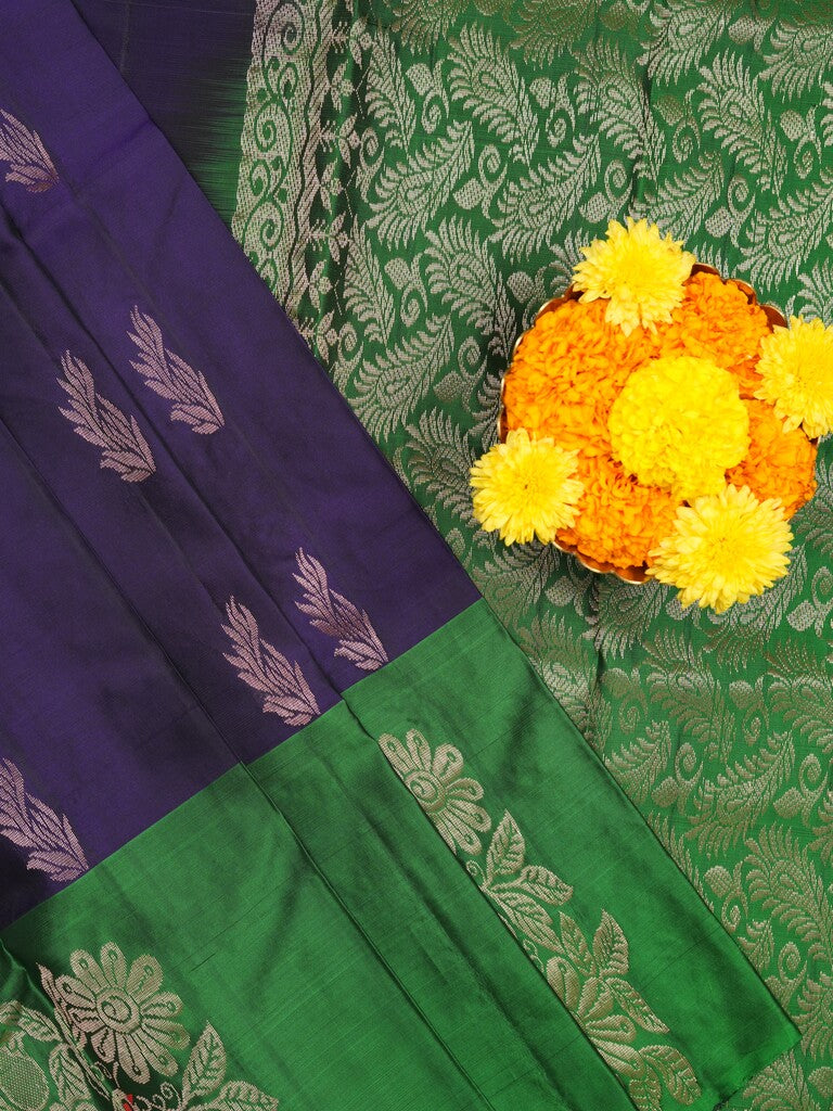 Kanchi pattu saree dark blue color allover zari motifs & zari border with rich pallu and contrast plain blouse