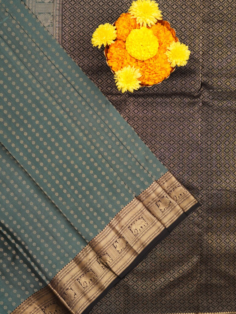 Kanchi pattu saree bluish grey color allover zari motifs & zari border with rich pallu and contrast plain blouse