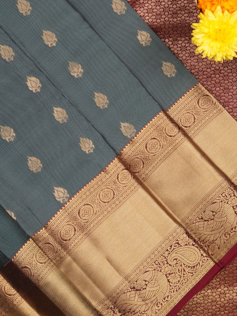 Kanchi pattu saree bluish grey color allover zari motifs & kanchi border with rich pallu and contrast plain blouse