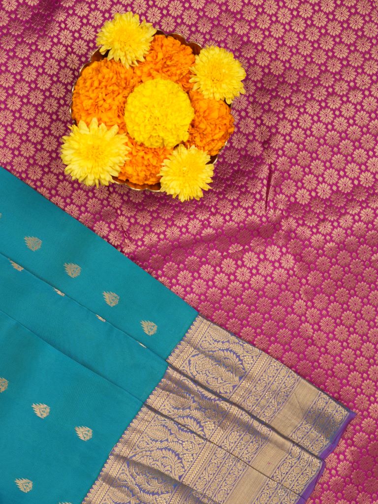 Kanchi pattu saree sky blue color allover zari motifs & kanchi border with rich pallu and contrast plain blouse
