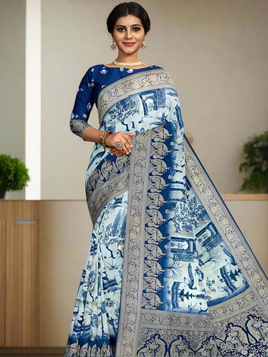 Modal silk saree half white color allover prints & zari border with rich pallu and contrast printed blouse