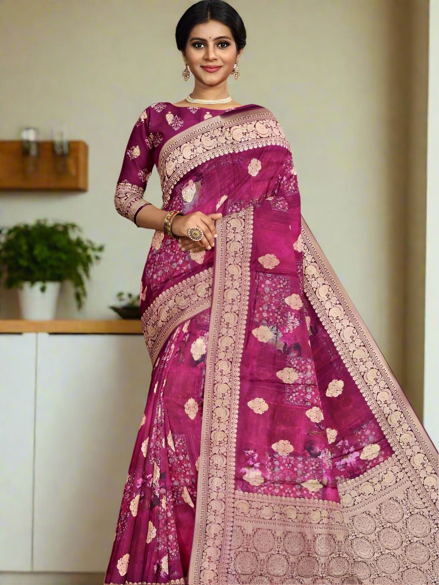 Modal silk saree magenta color allover prints & zari border with rich pallu and printed blouse