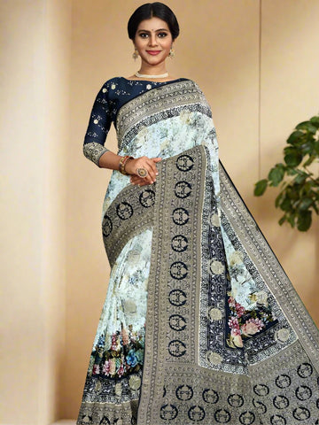 Modal silk saree half white color allover prints & zari border with rich pallu and contrast printed blouse