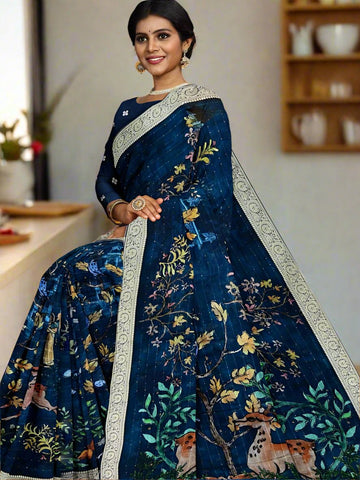 Chiffon fancy saree navy blue color allover stripes, prints and sequence work & zari border with short pallu and attached blouse