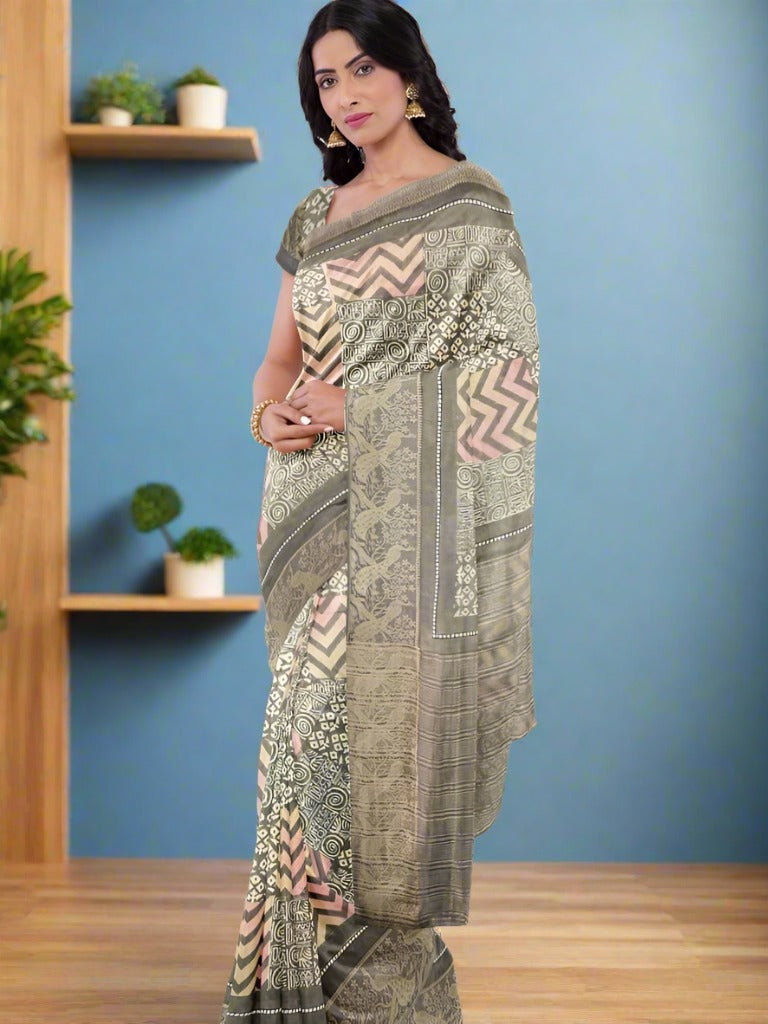Maheswari fancy saree snuff color allover digital prints & zari border with striped pallu and printed blouse