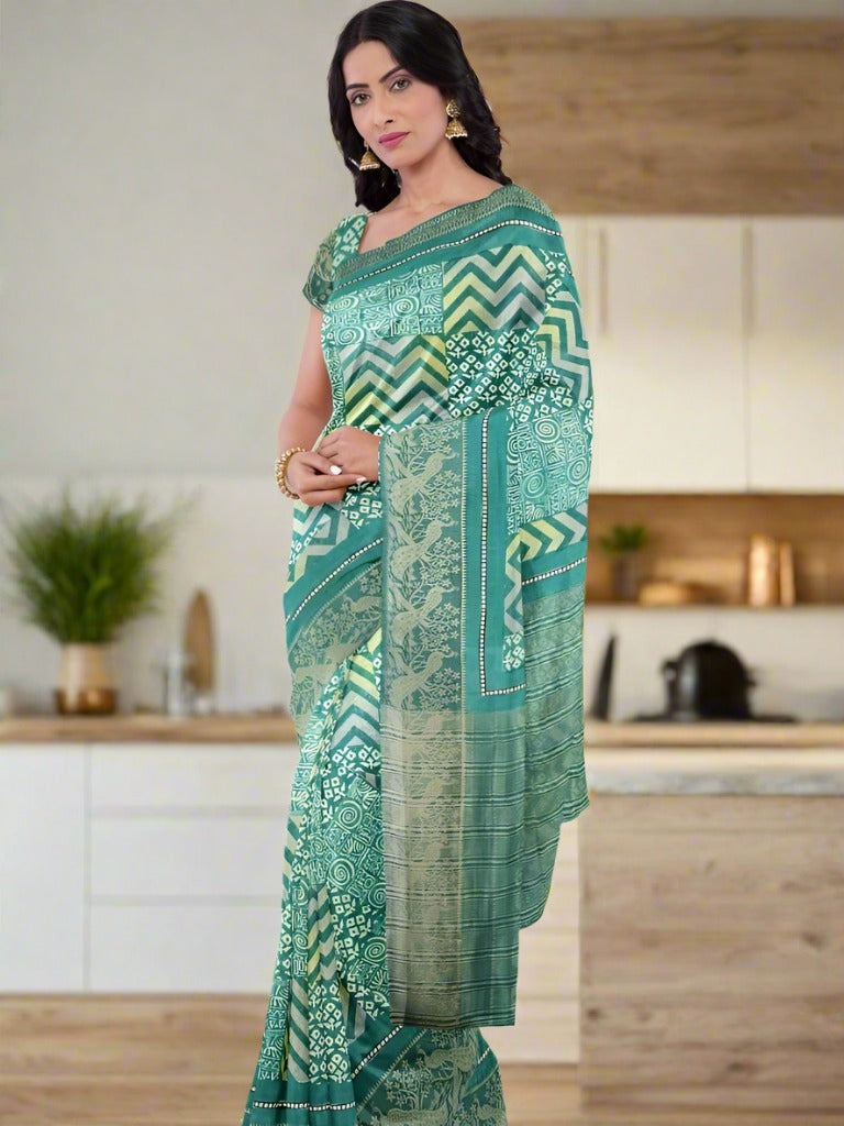 Maheswari fancy saree leaf green color allover digital prints & zari border with striped pallu and printed blouse
