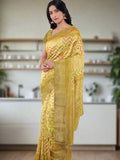 Maheswari fancy saree golden yellow color allover digital prints & zari border with striped pallu and printed blouse
