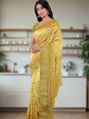 Maheswari fancy saree golden yellow color allover digital prints & zari border with striped pallu and printed blouse