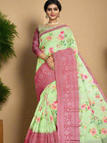 Munga fancy saree light green color allover prints & zari border with short pallu and printed blouse