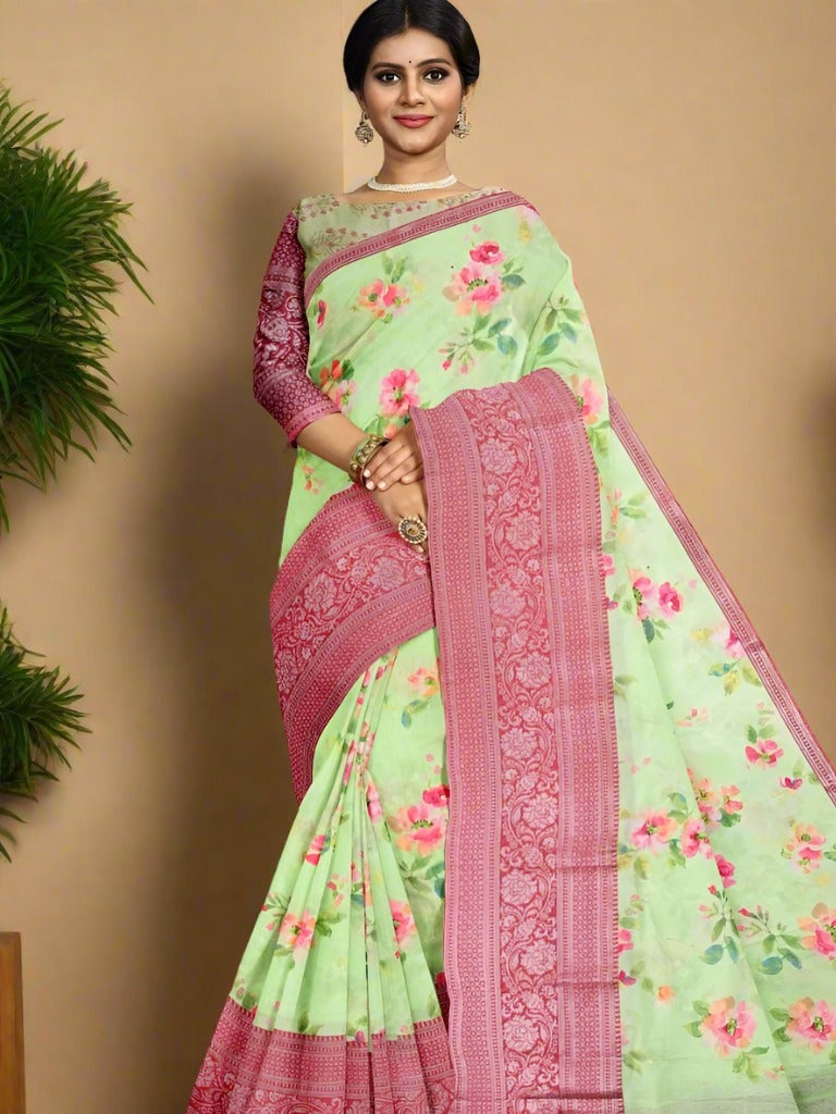 Munga fancy saree light green color allover prints & zari border with short pallu and printed blouse