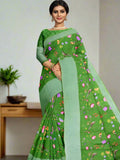 Munga fancy saree parrot green color allover prints & zari border with short pallu and printed blouse