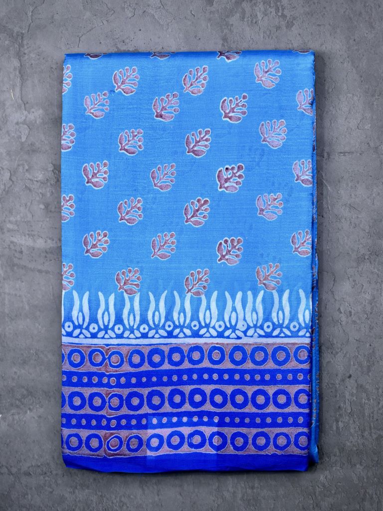 Pure silk fancy saree sky blue color allover prints & small printed border with contrast printed pallu and plain blouse