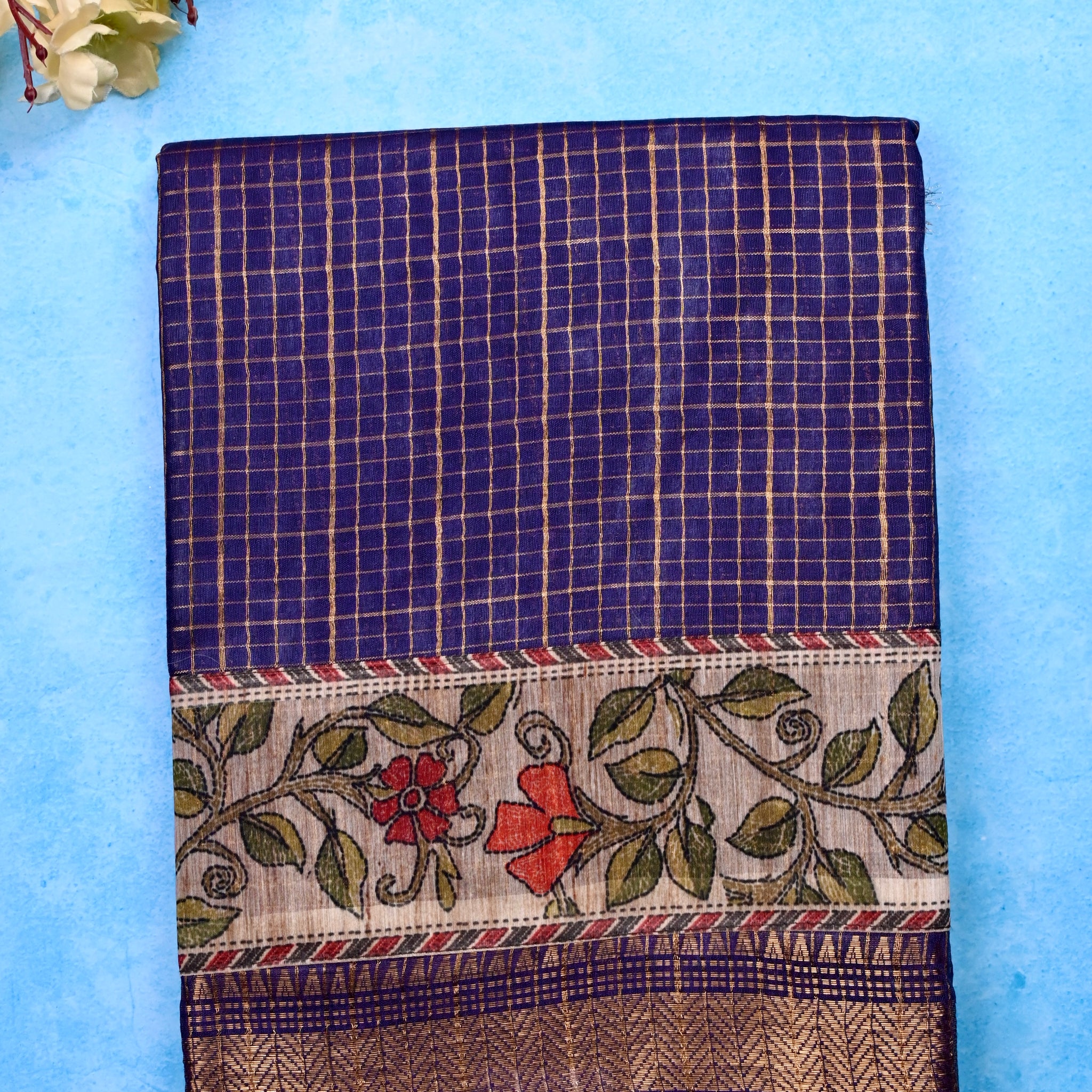 Bagalpur fancy sarees blue color with allover zari checks with printed & zari weaving border with big pallu, printed and checks blouse.