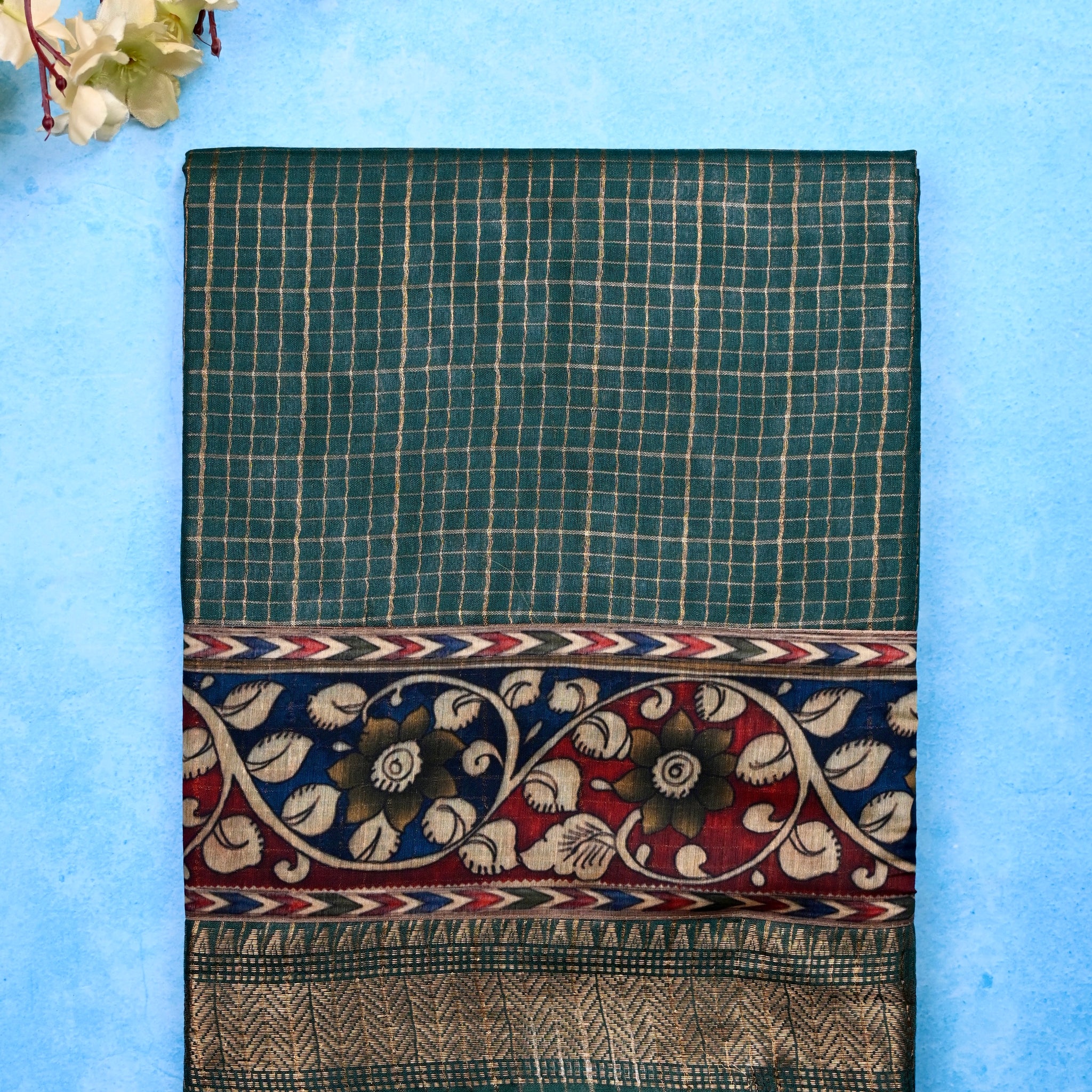 Bagalpur fancy saree green color with allover zari checks with printed & zari weaving border with big pallu, printed and checks blouse.