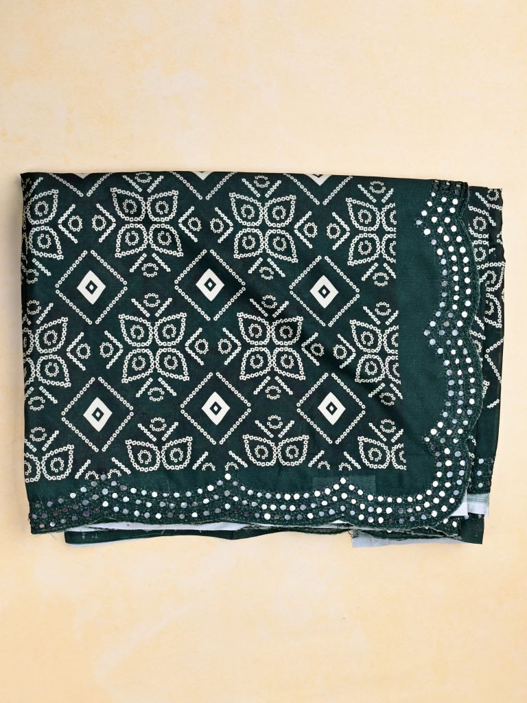 Chinnon silk fancy saree dark green color allover digital prints & sequence border with running pallu and attached plain blouse