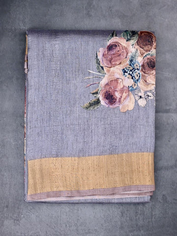Tussar fancy saree grey color allover prints & small kaddi border with printed pallu and plain blouse