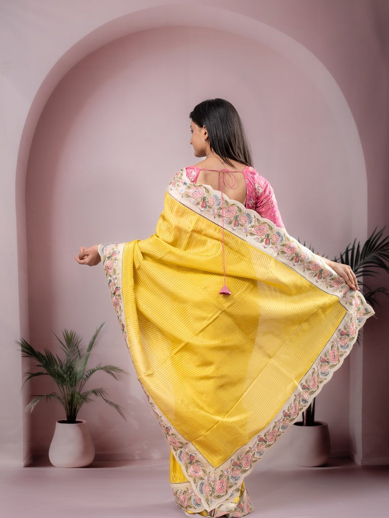 Dola tissue fancy saree yellow color allover stripes & designer fancy border with running pallu and embroidery blouse