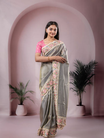 Dola tissue fancy saree grey color allover stripes & designer fancy border with running pallu and embroidery blouse