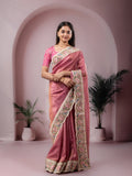 Dola tissue fancy saree onion pink color allover stripes & designer fancy border with running pallu and embroidery blouse