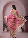 Dola tissue fancy saree onion pink color allover stripes & designer fancy border with running pallu and embroidery blouse