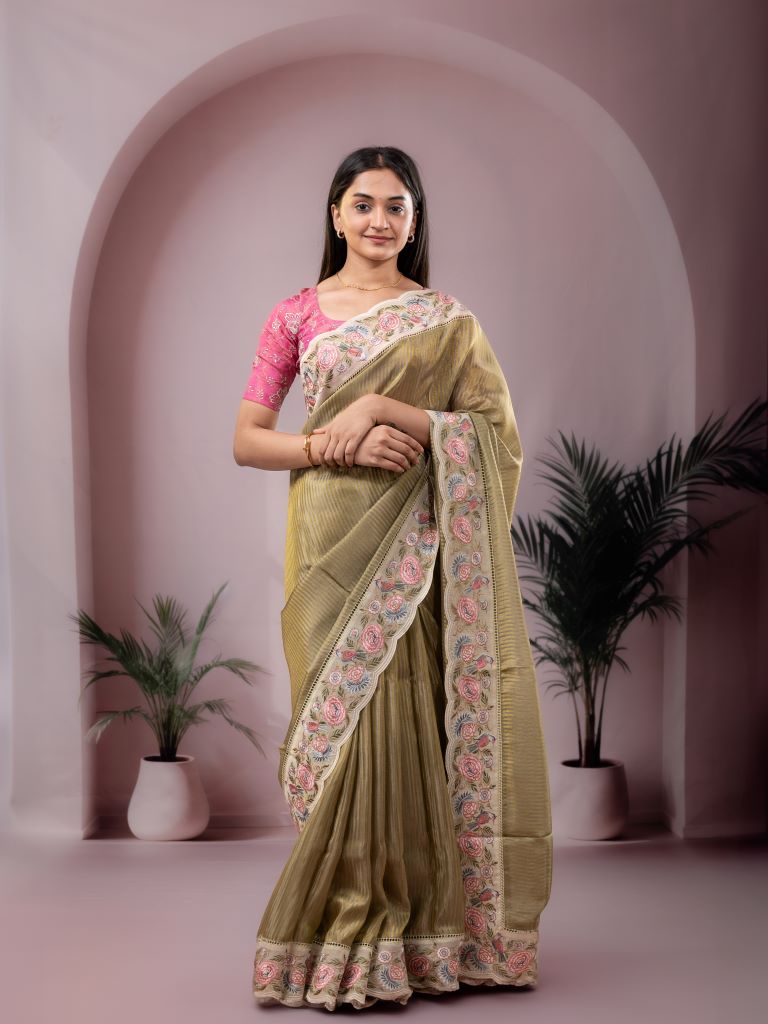 Dola tissue fancy saree olive green color allover stripes & embroidery cutwork border with running pallu and plain blouse