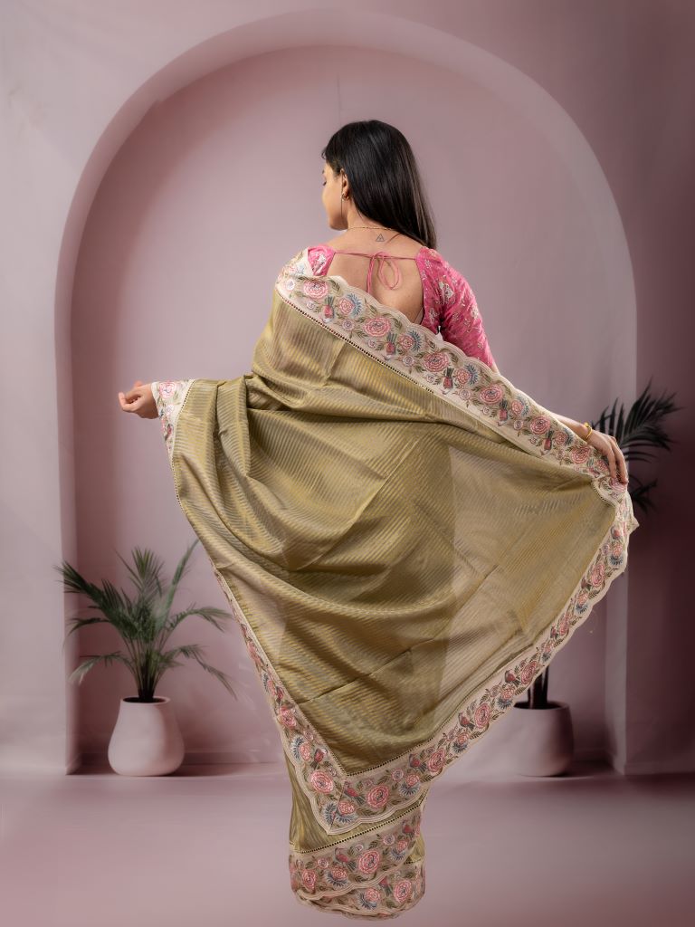 Dola tissue fancy saree olive green color allover stripes & embroidery cutwork border with running pallu and plain blouse