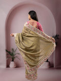 Dola tissue fancy saree olive green color allover stripes & embroidery cutwork border with running pallu and plain blouse