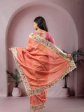 Dola tissue fancy saree peach color allover stripes & embroidery cutwork border with running pallu and plain blouse