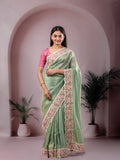 Dola tissue fancy saree lux geeen color allover stripes & embroidery cutwork border with running pallu and plain blouse