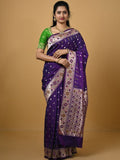 Banaras pattu fancy saree in blue color allover zari motifs and paithani border paired with plain blouse