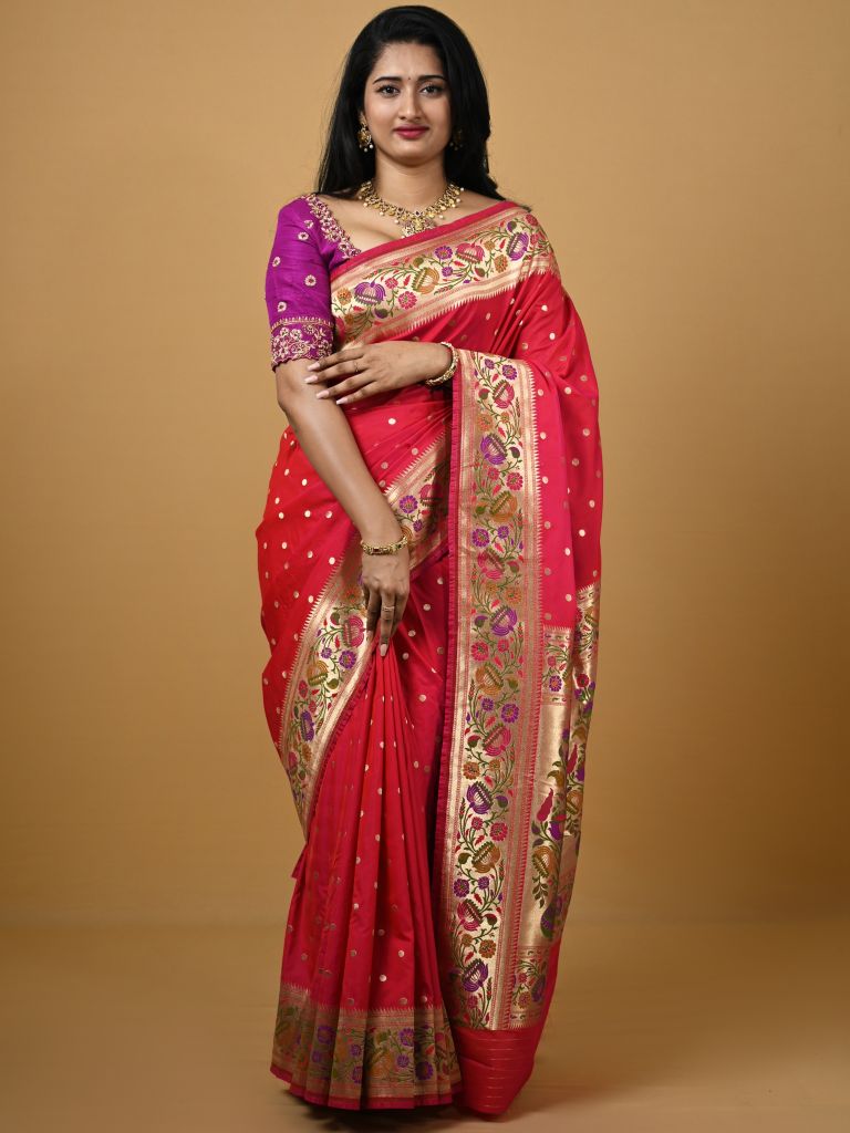 Banaras pattu fancy saree in dark pink color allover zari morifs and paithani border paired with plain blouse