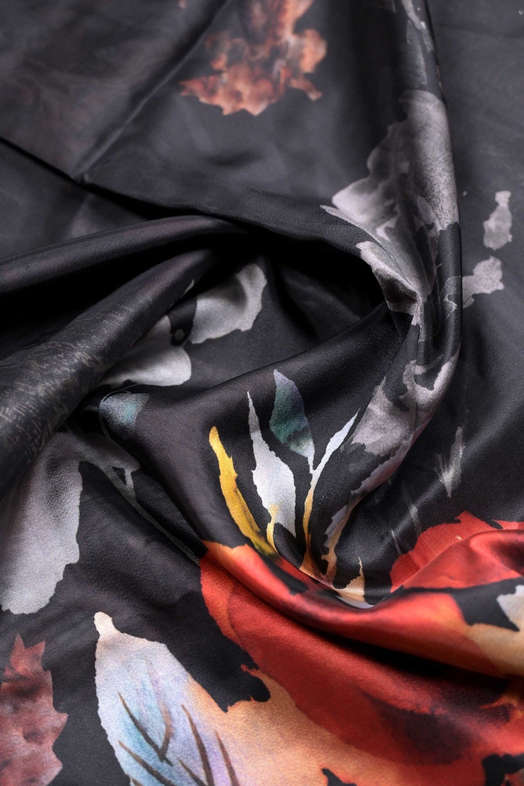 Soya silk saree black color with allover multi color floral prints, small contrast border and plain blouse