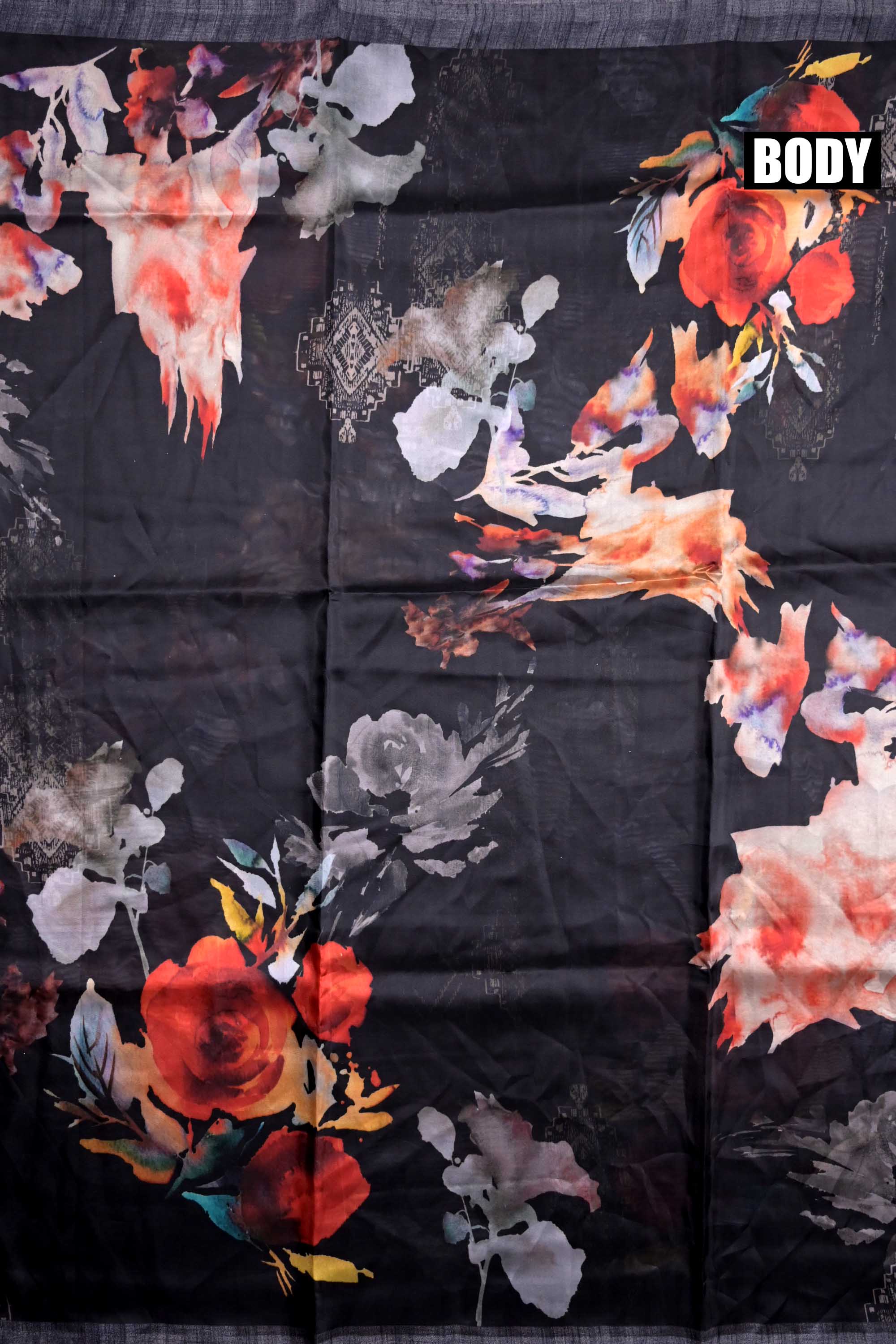 Soya silk saree black color with allover multi color floral prints, small contrast border and plain blouse