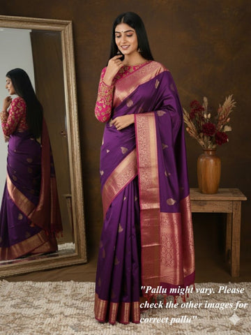 Kanchi pattu saree violet color allover zari motifs & zari border with rich pallu and contrast plain blouse