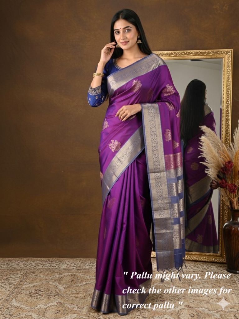 Kanchi pattu saree purple color allover zari motifs & zari border with rich pallu and contrast plain blouse