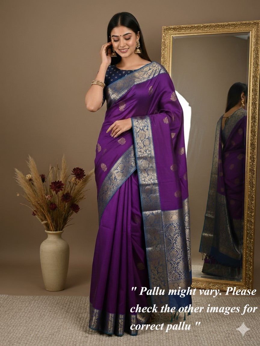 Kanchi pattu saree dark purple color allover zari motifs & zari border with rich pallu and contrast plain blouse